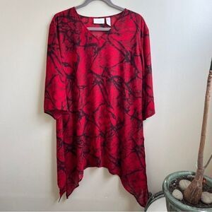 CHICO'S  Red Black Abstract Print 3/4 Sleeve Long Tunic Top Artsy